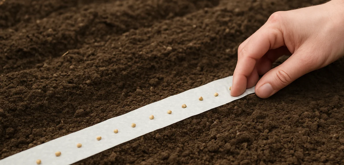 A homemade seed tape being laid in a prepared garden bed with even spacing, demonstrating the precis