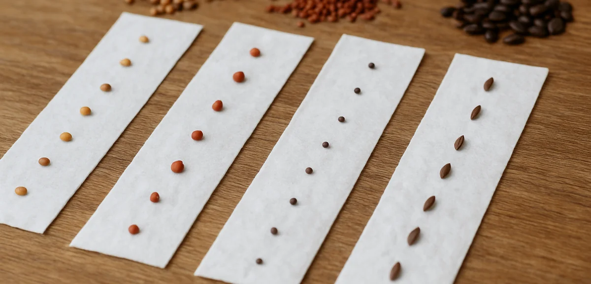 Various homemade seed tapes for different vegetables - carrots, radishes, and komatsuna - laid out a