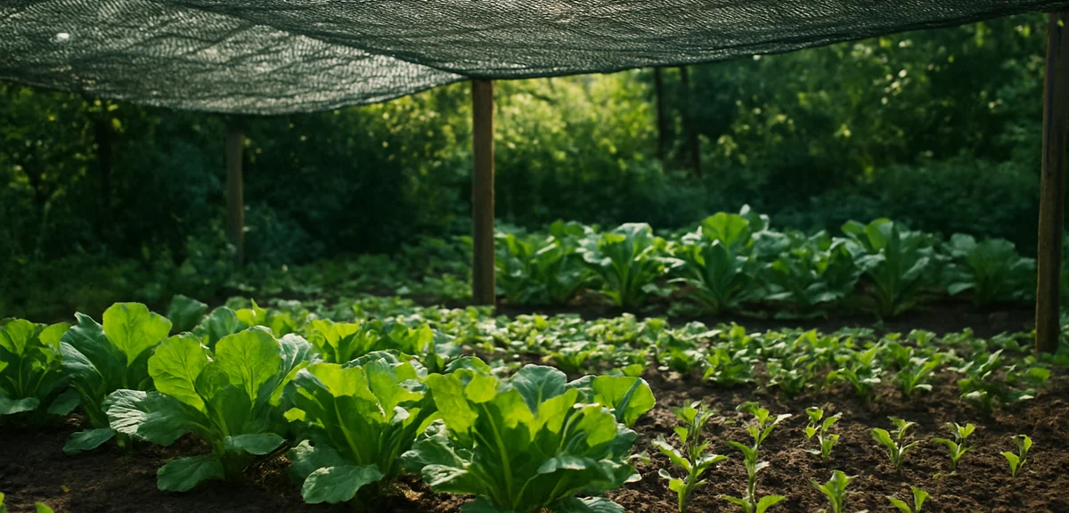 A vegetable garden with 50% shade net stretched over leafy greens and seedlings. Sun filtering throu
