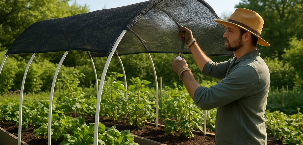A gardener installing a shade net over a vegetable garden with U-shaped support hoops. Late morning 