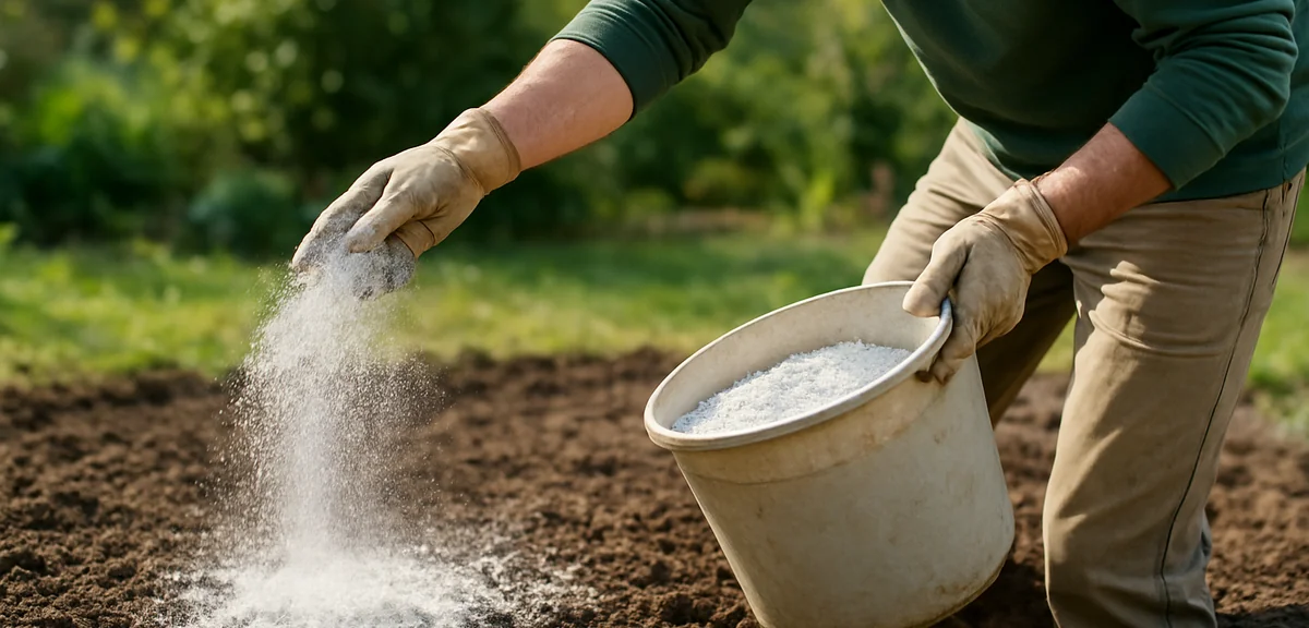 A gardener spreading organic lime onto a garden bed before planting season. Photorealistic style.