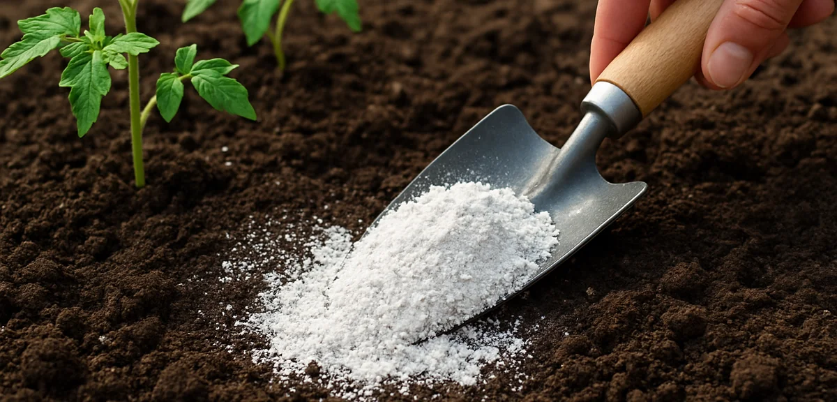 A close-up of dolomite lime being mixed into garden soil with a hand trowel before planting tomato s
