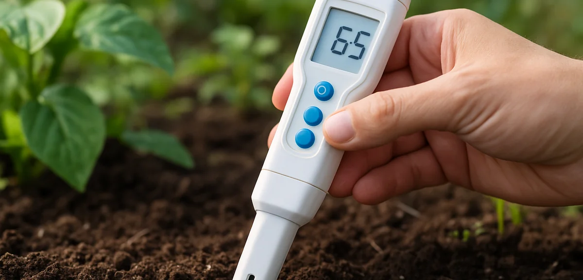 A digital pH meter being inserted into garden soil to measure acidity. Display showing pH reading. P