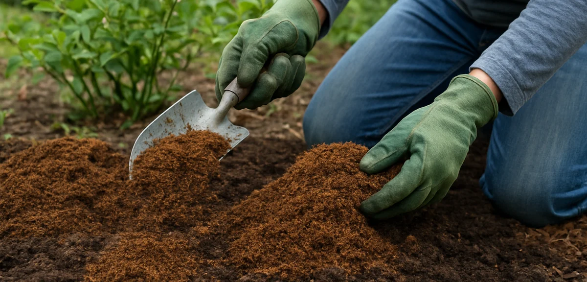 A gardener mixing peat moss into garden soil to lower pH for blueberry plants. Photorealistic style.