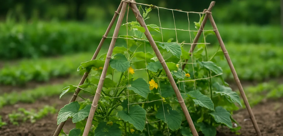 A teepee-style crossed stake configuration supporting cucumber vines in a vegetable garden. Hemp twi