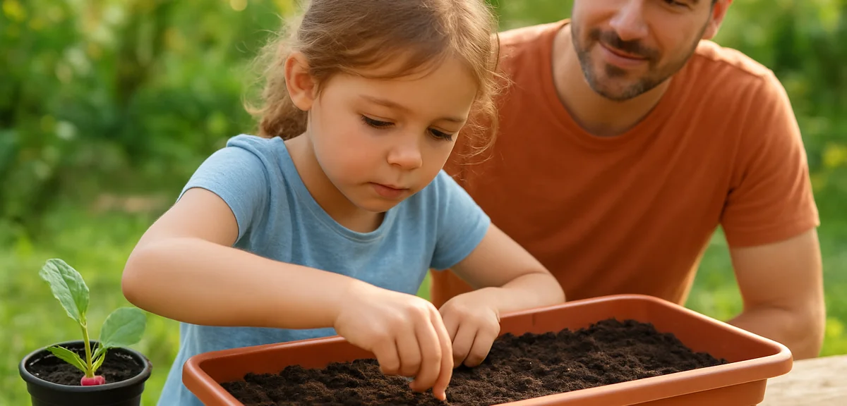 A child planting radish seeds in a container during summer vacation. A parent watching from behind. 