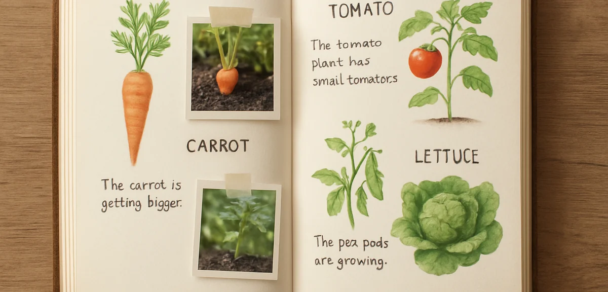 A child's nature journal with drawings of growing vegetables, taped photos, and handwritten observat