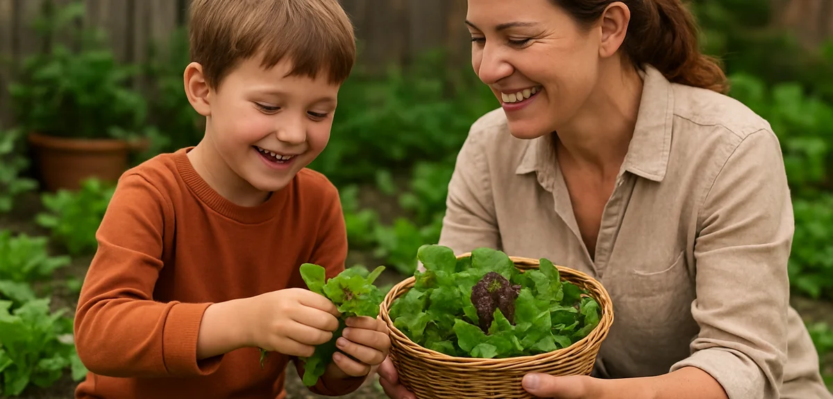 A child harvesting baby leaves with a parent in a small home garden. Both smiling at the harvest. Ph