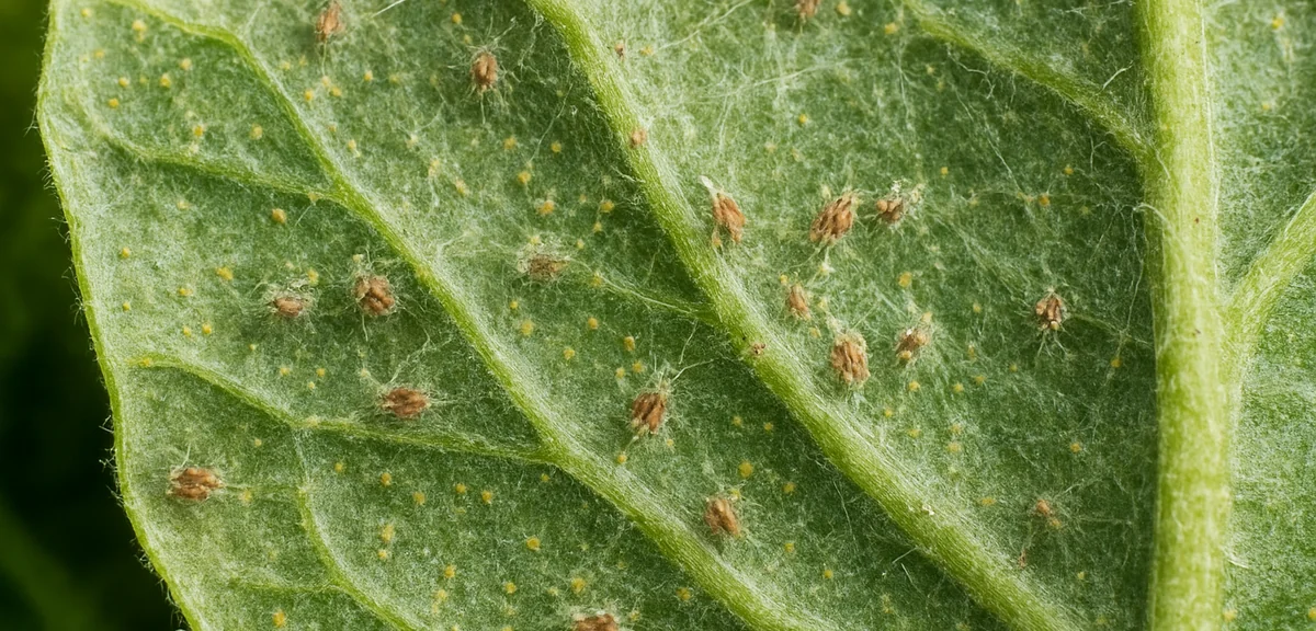 A close-up macro shot of spider mites and webbing on the underside of a tomato leaf. Yellow spots vi