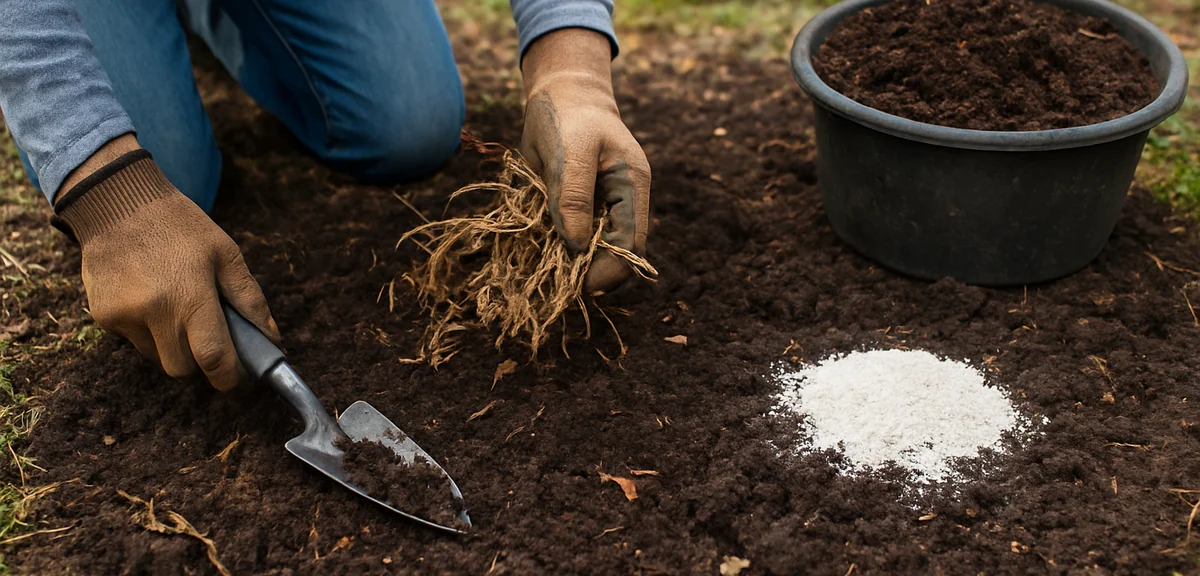 A vegetable garden being prepared - removing summer vegetable remains, adding compost and lime to re