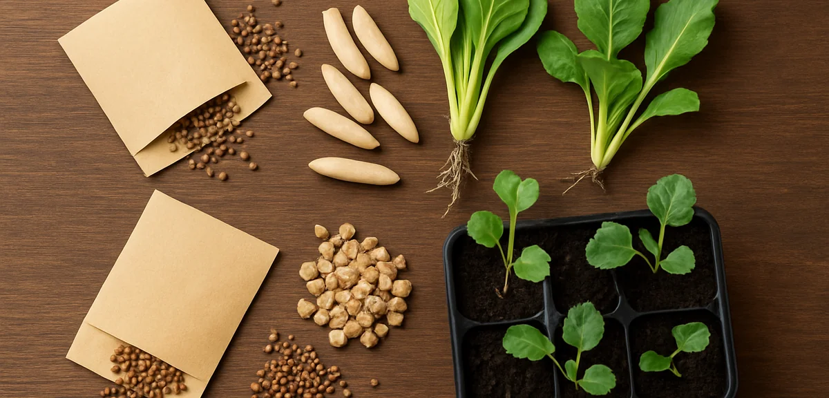 A variety of autumn-winter vegetable seeds and seedlings ready for planting in late summer - daikon,