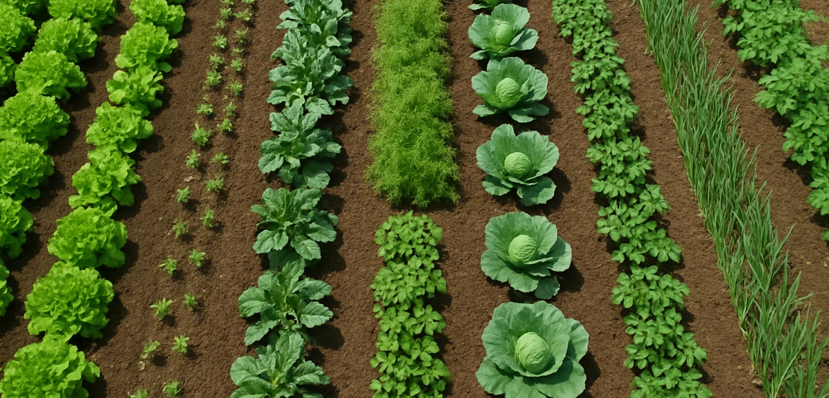 整然と並んだ畝の種類の異なる家庭菜園の俯瞰。畝の高さと形が違うエリアごとに別の野菜が植わる。