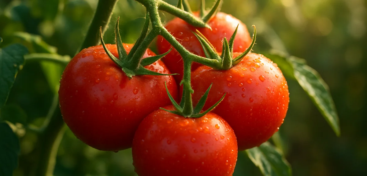 A cluster of fully ripened red tomatoes on the vine, glistening in the morning sunlight, ready to be