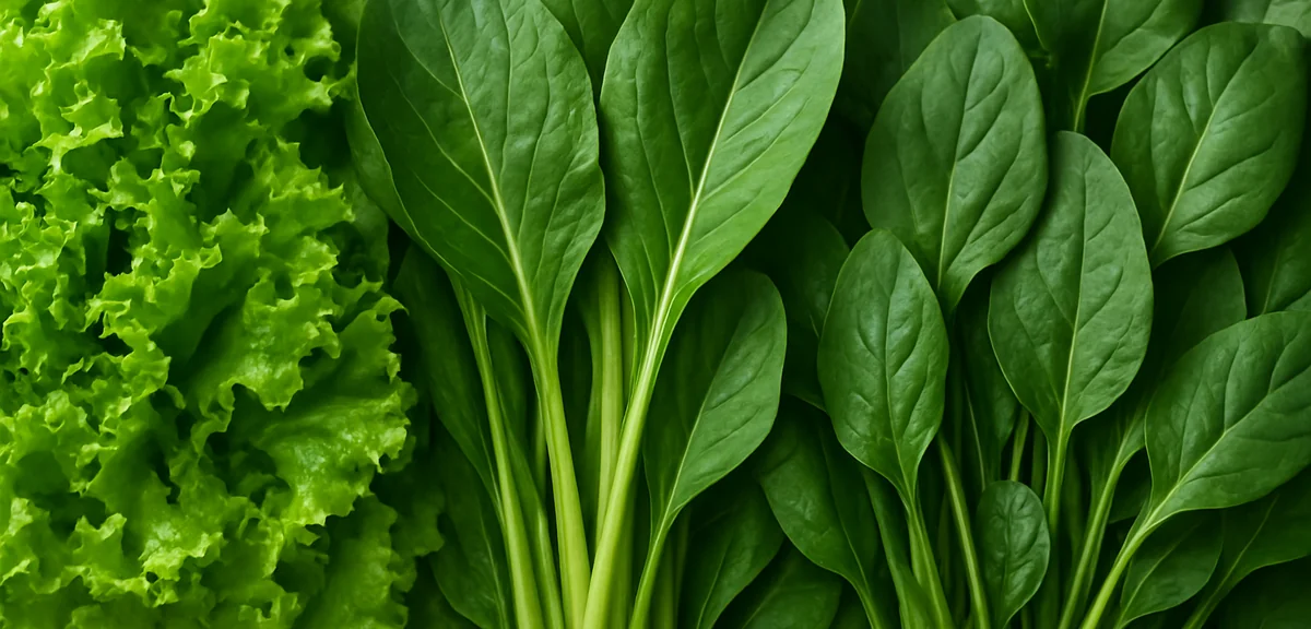 A close-up of vibrant green leafy vegetables - lettuce, komatsuna, and spinach - harvested at their