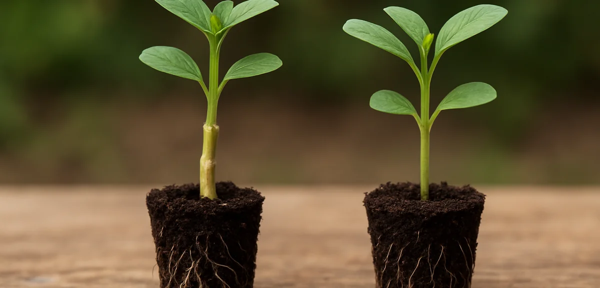 A side-by-side comparison of a grafted seedling with visible graft joint and a regular seedling, rea