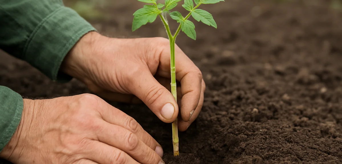 A gardener carefully planting a grafted tomato seedling at the correct depth, with the graft joint v
