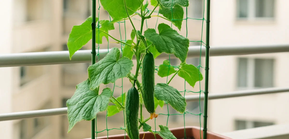 A simple pole-style vertical garden setup in a balcony container with cucumber vines climbing up a g