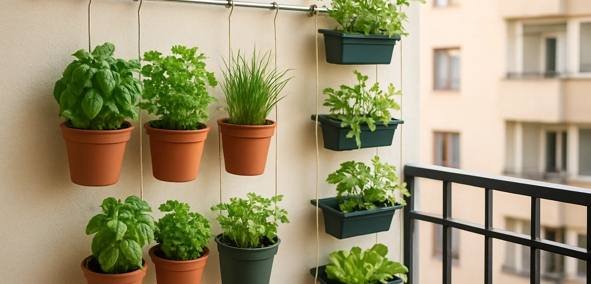 A balcony with hanging pots and tension-rod vertical garden setup with herbs and small vegetables gr