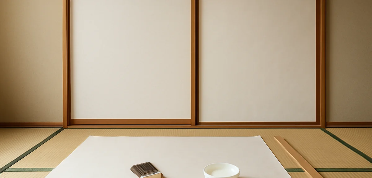 和室のふすま張り替え作業中の様子。畳の上に新しい鳥の子紙、刷毛とのり、定規。DIY手順の途中ショット。