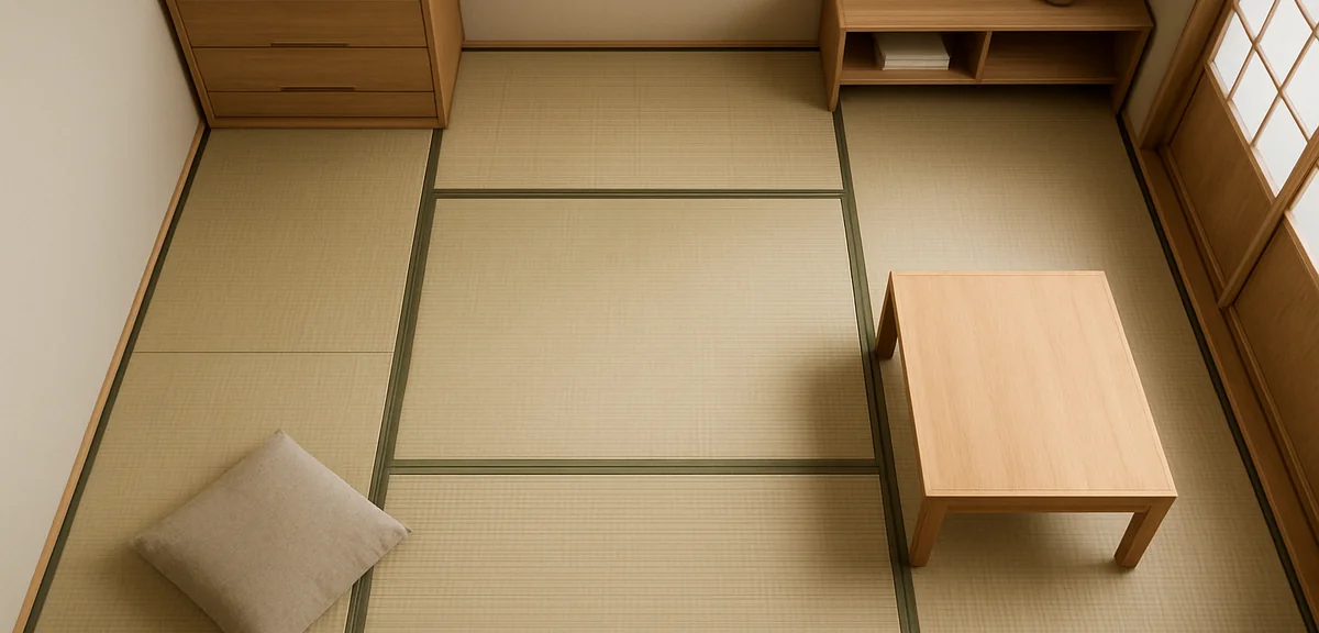 和室レイアウトの基本を示す俯瞰図。壁沿いに家具、中央に余白、動線60cm確保、畳の縁を踏まない配置。インテリアダイアグラム風。
