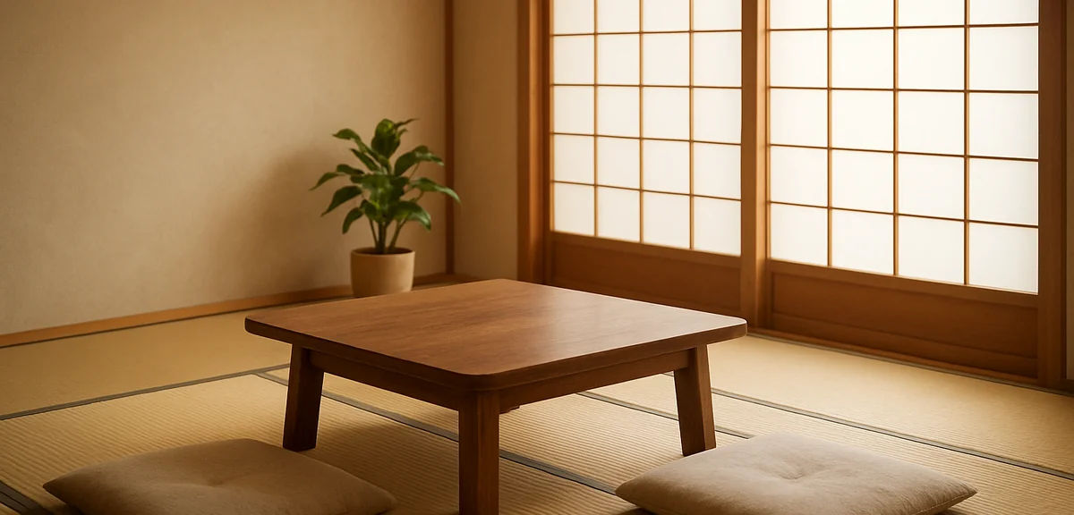 和室メリットを体現する朝の畳の部屋。障子越しの柔らかな光、座卓と座布団、観葉植物。落ち着いた暮らしの一場面。