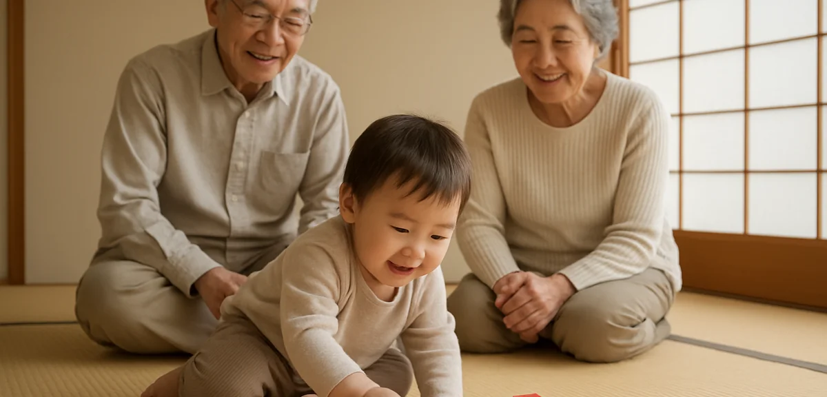 畳の上で遊ぶ幼児と、見守る祖父母。畳のクッション性が活きる多世代の暮らしの一コマ。