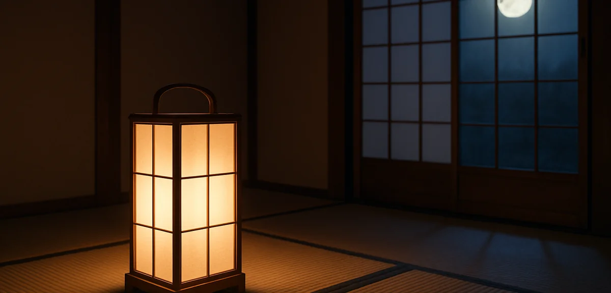 行灯型スタンドが置かれた和室の夜景。畳の上に柔らかな影が落ち、障子越しの月光が混ざる情景。