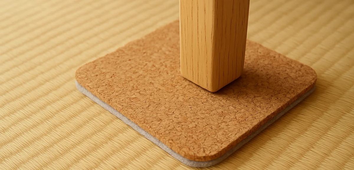 畳のへこみ予防のコルクマット設置例。家具の脚の下にカットしたフェルトとコルクマットを敷いた様子のクローズアップ。