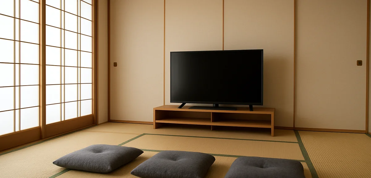 A 6-tatami Japanese room with a flat-screen TV on a low TV stand placed against the wall. Floor cush