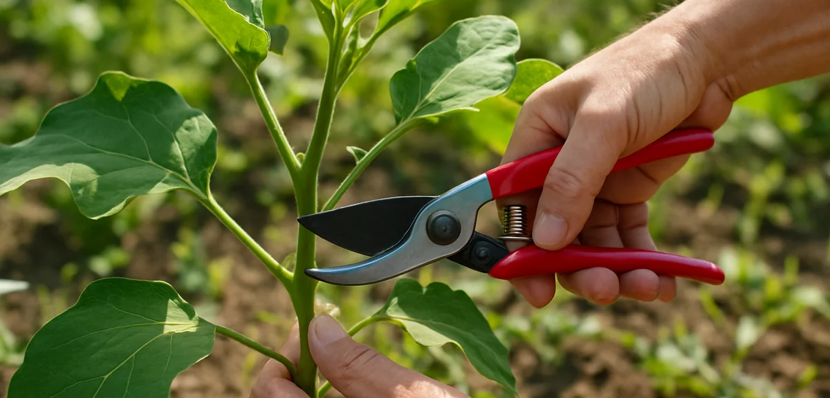 Close-up of hands using clean pruning shears to cut back eggplant branches, leaving one or two leave