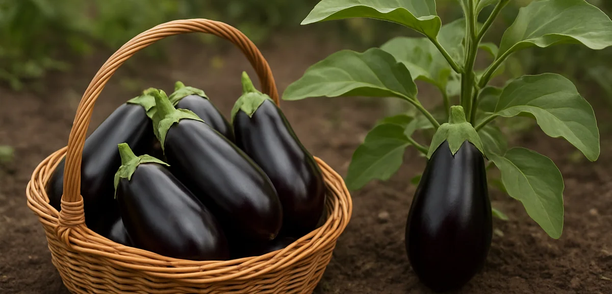 Freshly harvested glossy autumn eggplants in a basket next to a rejuvenated healthy plant, cooler ea