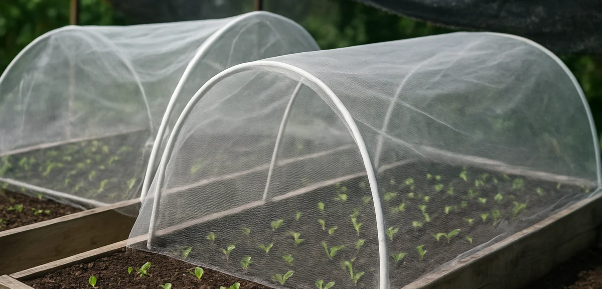 Freshly sown planters covered with a fine insect net and shade cloth to protect seedlings from late