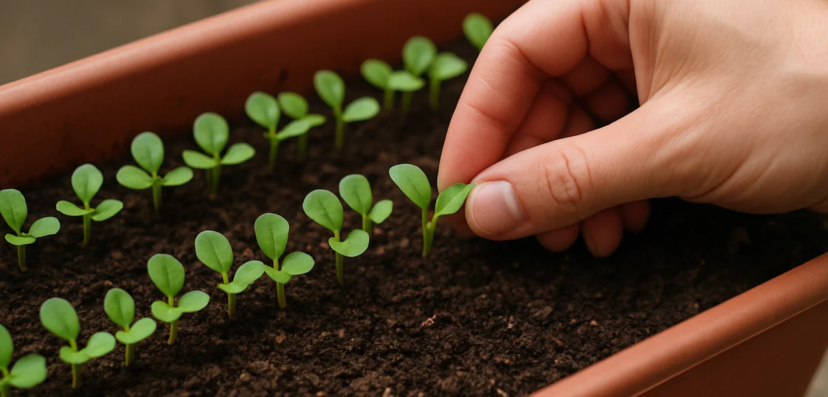 Close-up of autumn vegetable seedlings growing in a balcony planter, thinning being done by hand, he