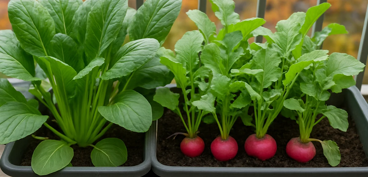 Autumn vegetables growing well in balcony planters in early autumn, komatsuna and radish ready for h
