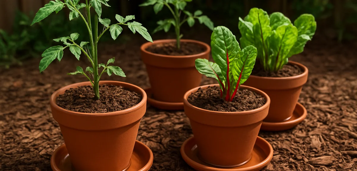 Potted vegetables moved into shade with mulch on top of the soil, saucers filled with a little water