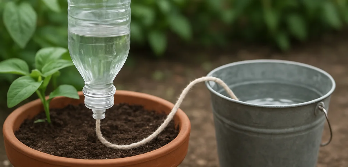A close-up of a plastic bottle inserted upside down into planter soil as a simple drip watering devi