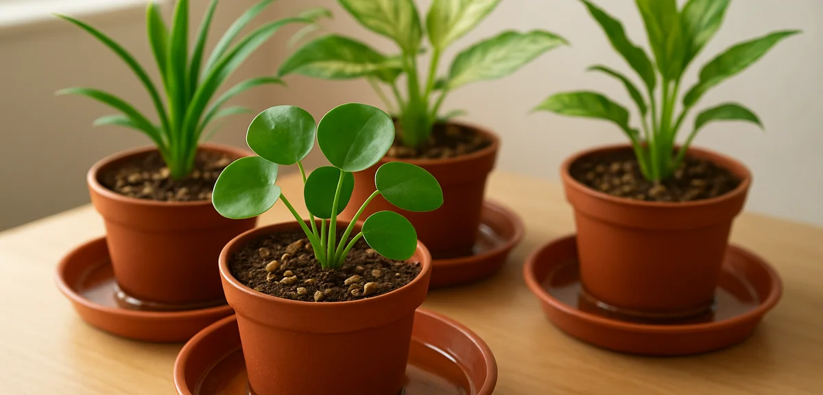 Potted plants sitting in shallow trays of water for bottom watering, with water-retaining granules m