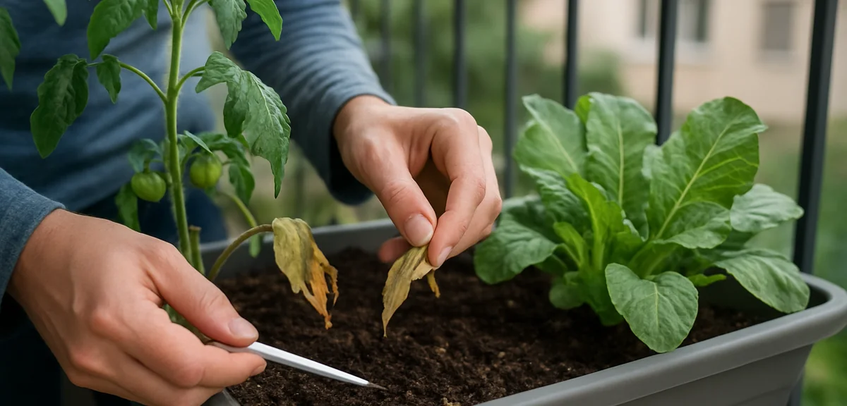 A person checking planter soil moisture after returning home, some wilted leaves being removed, heal