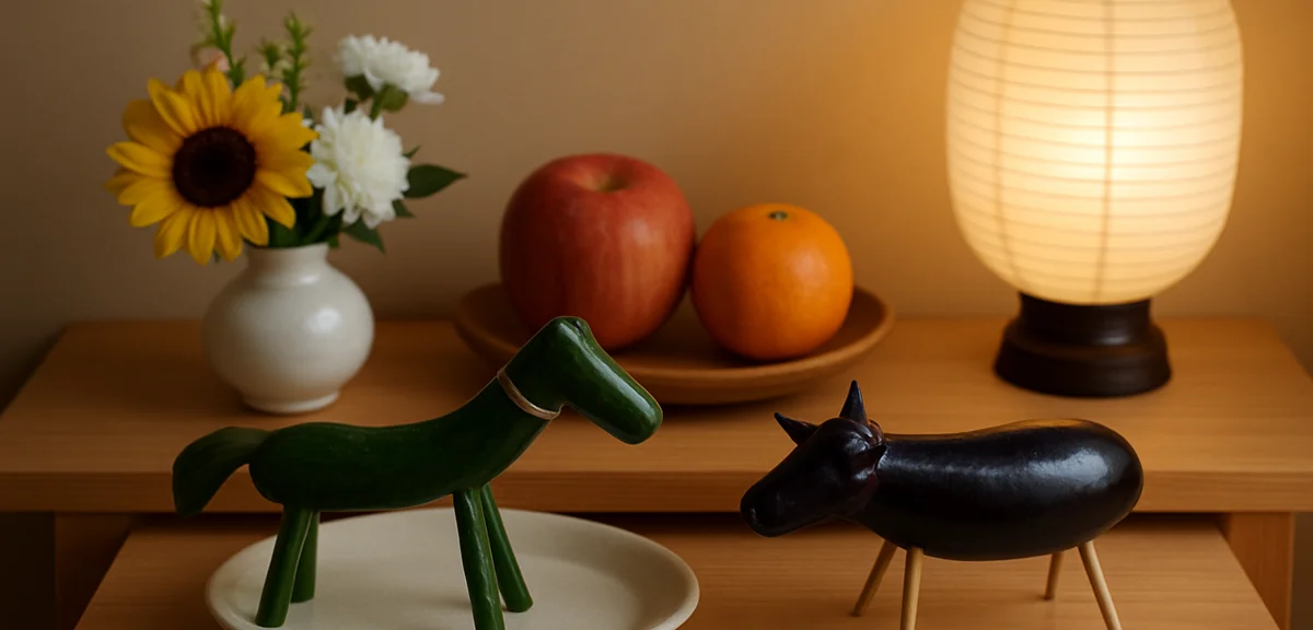 Close-up of traditional Japanese Obon offerings on a small altar shelf - cucumber horse and eggplant