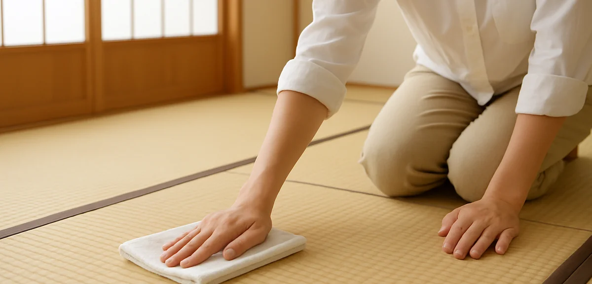 A person carefully cleaning a tatami floor with a cloth, tidy Japanese room with shoji screens, prep
