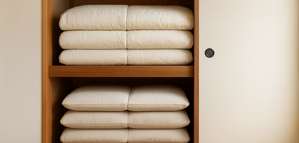 Neatly folded guest futons and floor cushions stacked in a traditional Japanese closet (oshiire), cl