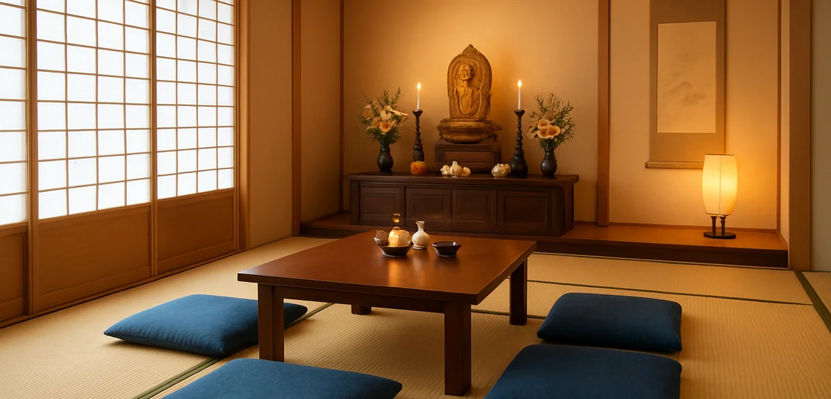 A tidy Japanese tatami room fully prepared for Obon guests, floor cushions arranged around a low tab