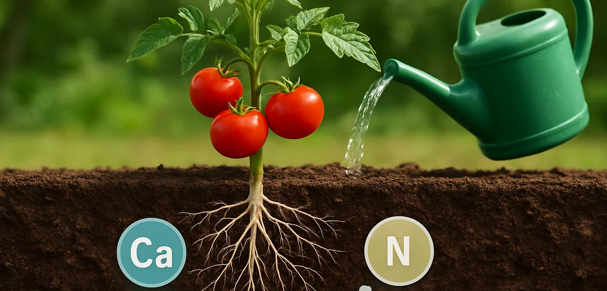 Diagram-like photorealistic image showing a tomato plant with roots in soil, illustrating calcium up
