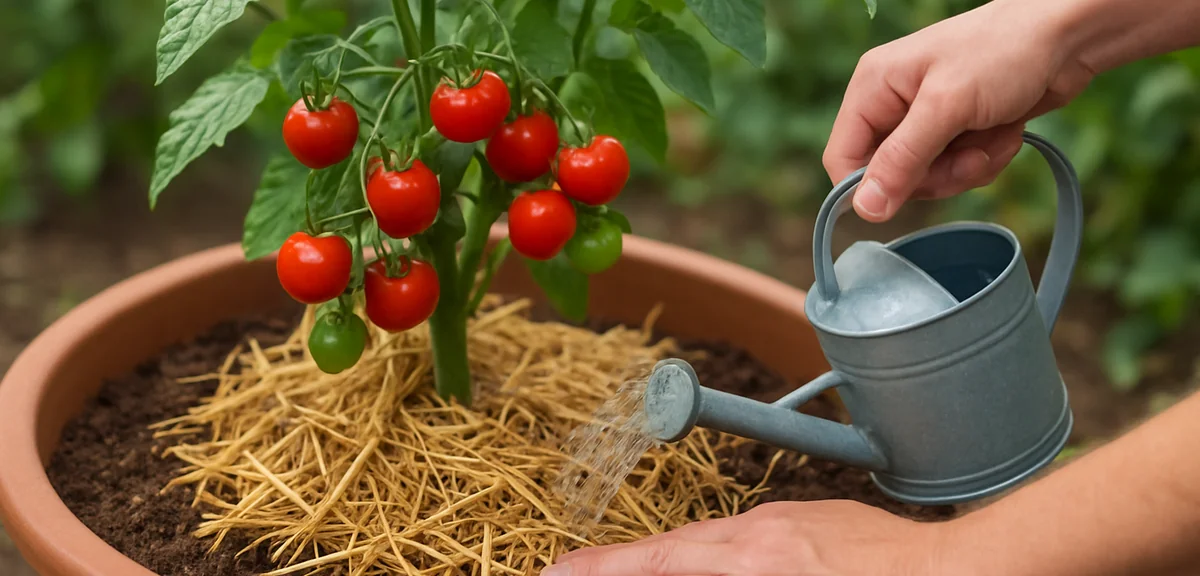A person mulching the base of a tomato plant with straw and watering evenly, healthy cherry tomato p