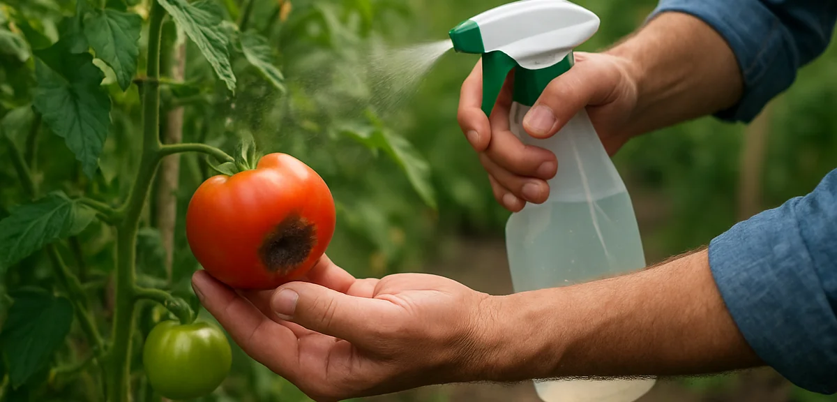 A gardener removing a blossom-end-rot damaged tomato from the plant and spraying a foliar calcium so