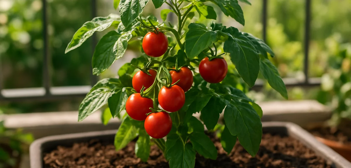 Healthy cherry tomato plant thriving in midsummer with evenly moist mulched soil, plump red tomatoes