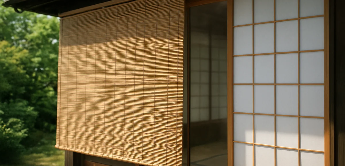 Bamboo sudare blinds and a large yoshizu screen set up outside the windows of a Japanese house in su