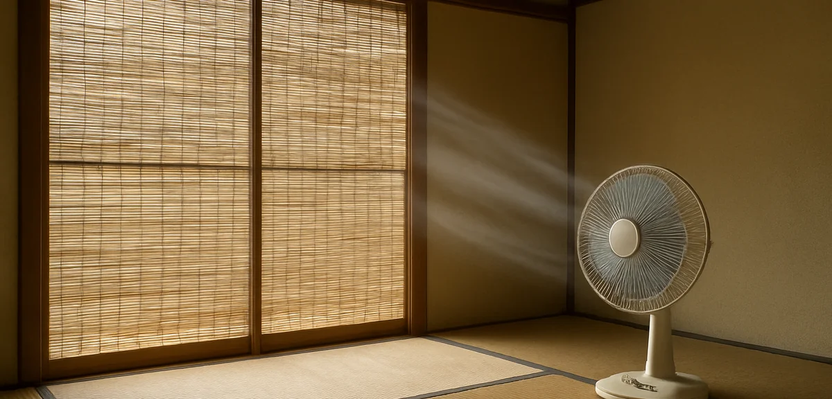 A Japanese room with sliding doors replaced by summer sudo screens made of reed, a fan positioned by