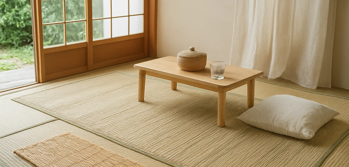 A cool summer tatami room with an igusa reed mat laid over the tatami, a bamboo mat, and natural air