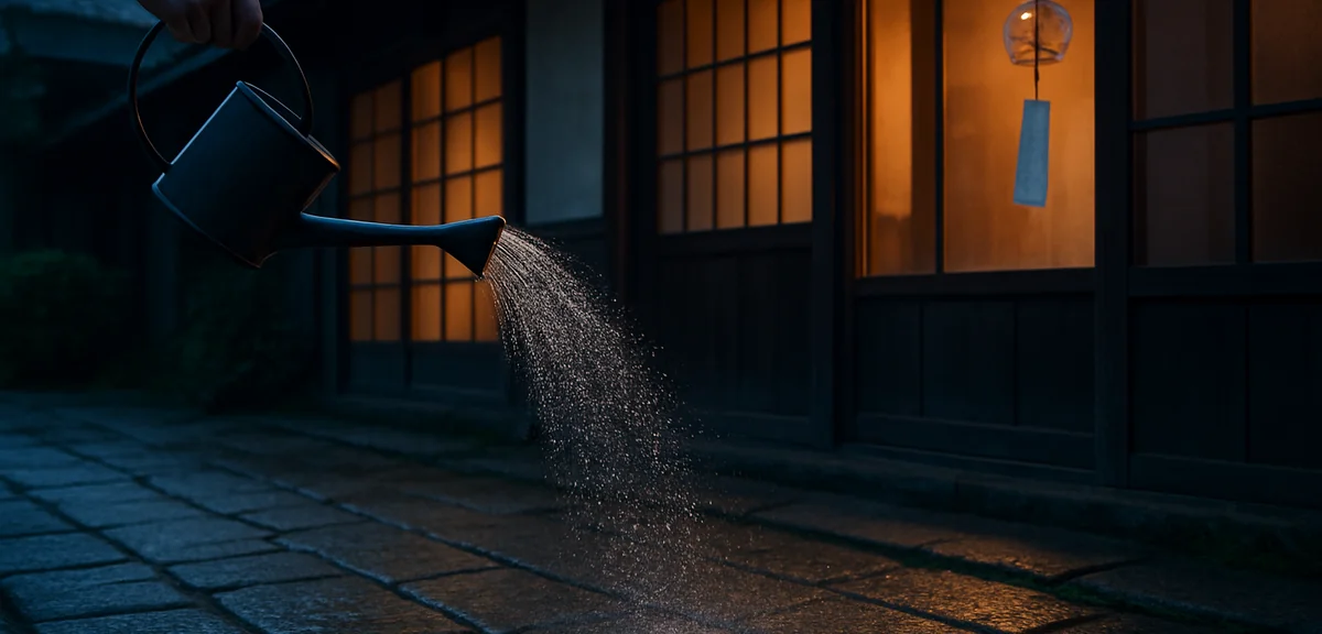Water being sprinkled (uchimizu) on stone pavement in front of a Japanese house at dusk, with a glas